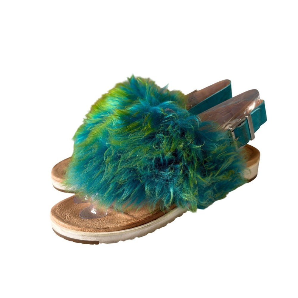 UGG Womens Teal Lime Green Faux Fur Slingback Holly Sandals Buckle Strap 10
